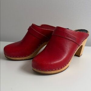 Red Leather Slip-On Clog Heels - Women's